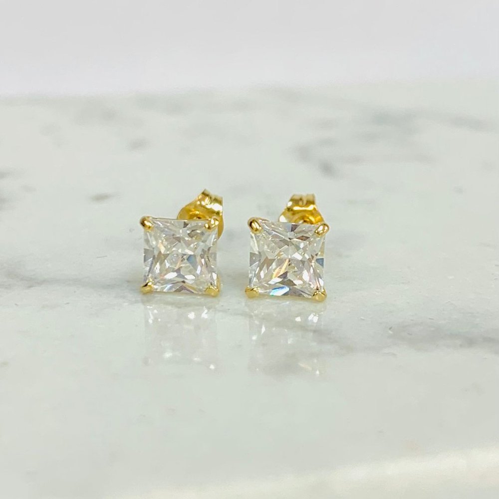 Cz Square Stud Earrings 10k Solid Yellow Gold For… - image 6